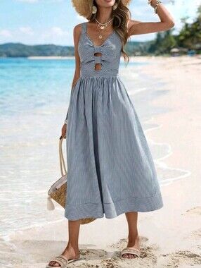 New Striped Cut Out Midi Cami Dress Blue White